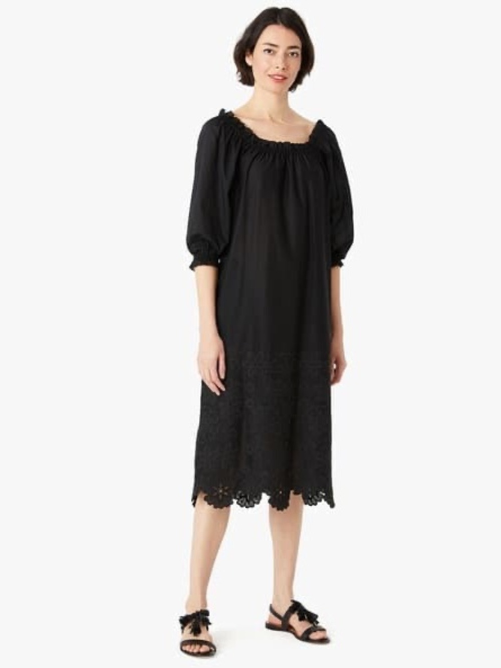 kate spade Black Midi Peasant Dress with Lace Trim